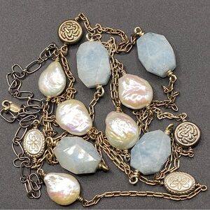 Natural Stone & Pearl Beads Silver Tone Chain Necklace 42”
